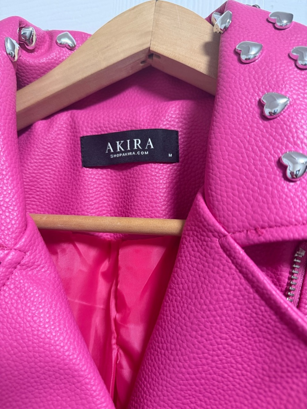 AKIRA Bright Pink Heart-Studded Belted Moto Jacket. New never worn. - Picture 3 of 4